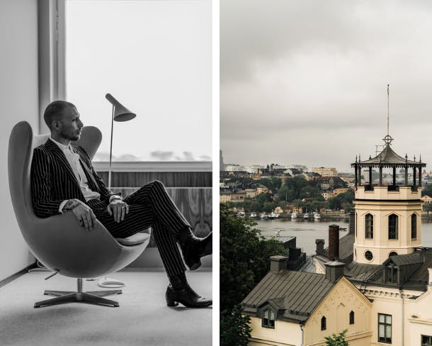 Patric in de stoel waar het mee begon de Egg chair van Arne Jacobsen in SAS-blauw zoals in de originele kamer 606. En hun uitzicht over Stockholm. Arne Jacobsen egg chair stockholm view collage