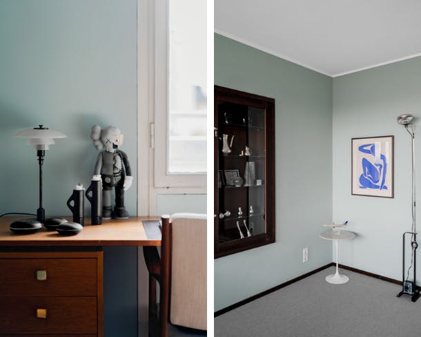 Enerzijds is het stel all-in gegaan met het namaken van kamer 606, maar ze hielden ook ruimte voor humor en een kwinkslag zoals met de pop en kandelaars op het bureau. Arne Jacobsen kamer 606 replica stockholm