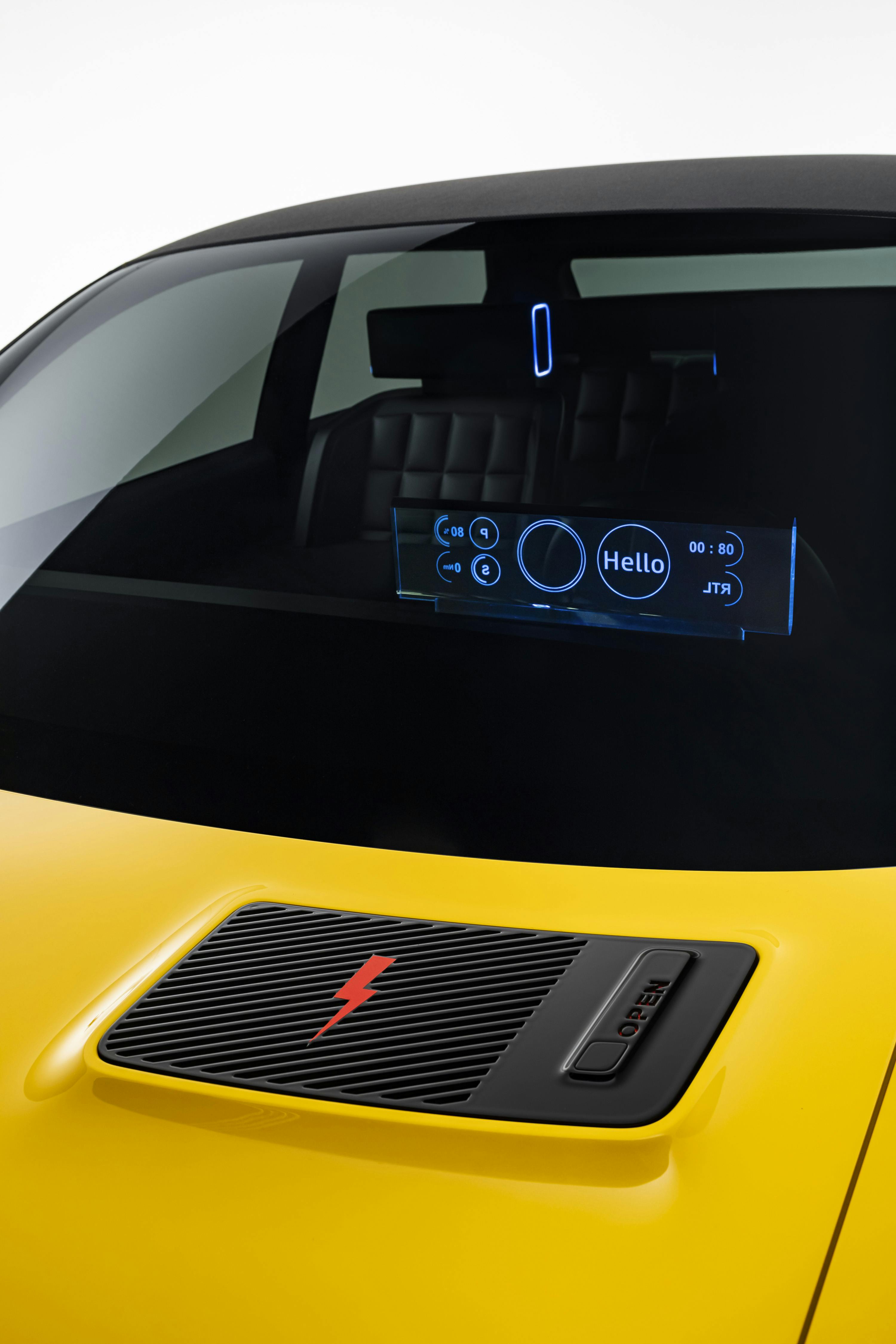 Renault 5 ev RS yellow gul bagfra front side bil elbil