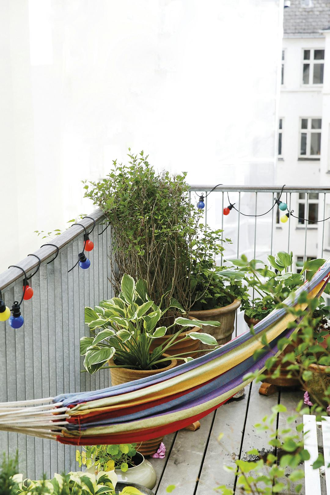 Een middagdutje doet Sif in de hangmat op het balkon. De bewoners kozen planten die snel langs de muur en het hekwerk zouden groeien, zodat het balkon een oase kan worden tussen al het hightechgeweld. Kleurrijke hangmat op een balkon met veel planten.