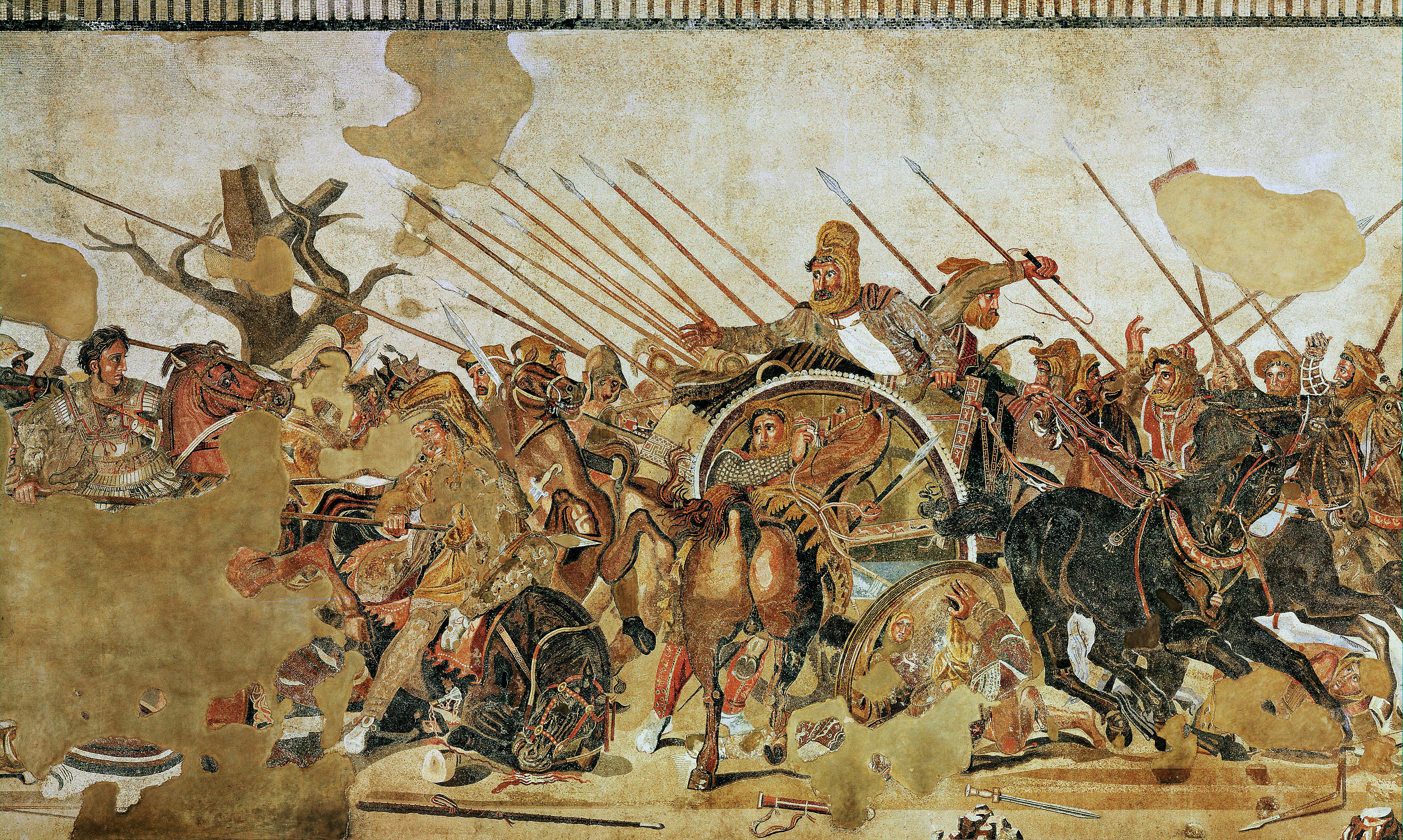 Golvmosaik i Pompeji. Alexander den store mot Dareios III i ett slag som antingen är Issos eller Gaugamela.