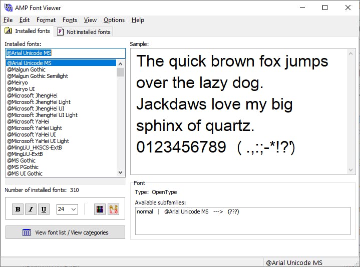 AMP Font Viewer. Styr på skrifttyper og fonte
