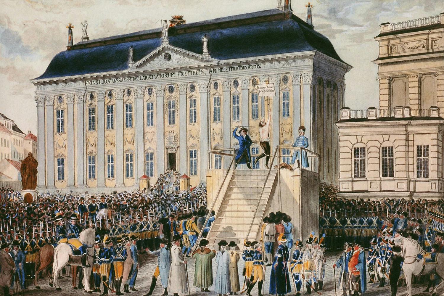Kungamördaren Jacob Johan Anckarström pryglas före avrättningen på Riddarhustorget i Stockholm.