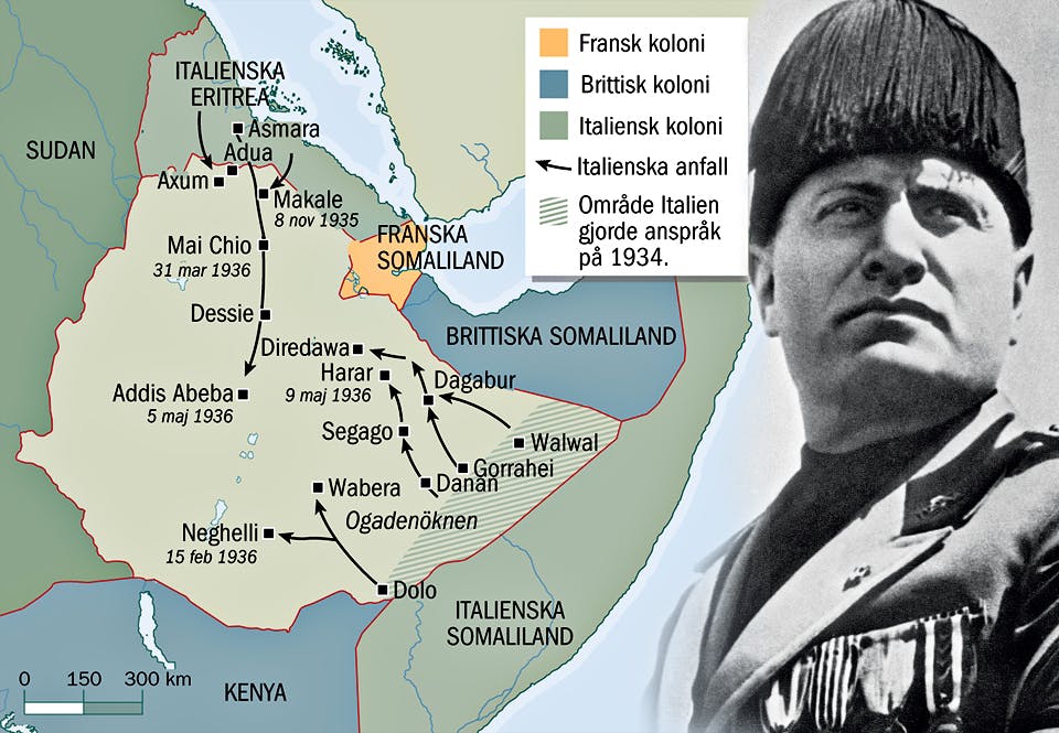 Karta över anfallsvägarna i andra Abessinienkriget 1935-1936 med porträttbild på Italiens diktator Benito Mussolini.