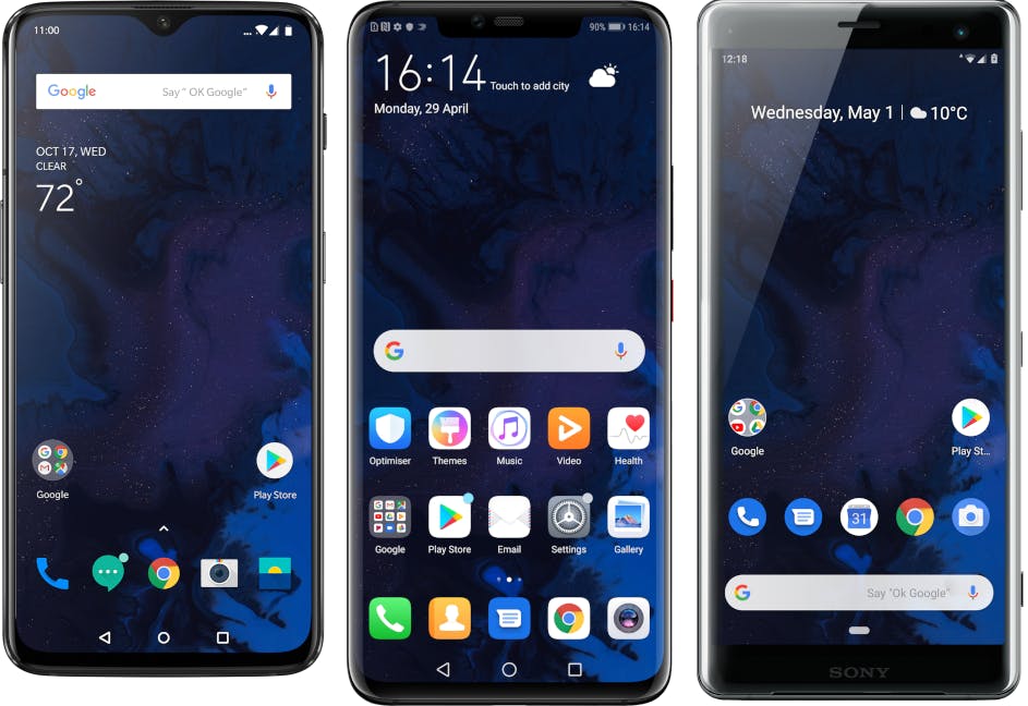 Android-telefonene Oneplus 6t, Huawei Mate 20P og Sony XZ3 med Android Q Beta 3 intalleret.