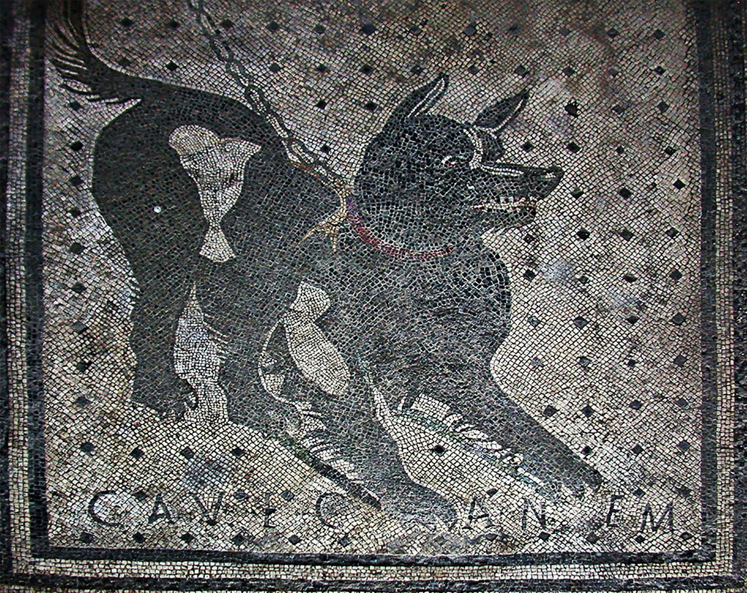 Golvmosaik med hund i kedja från Pompeji.
