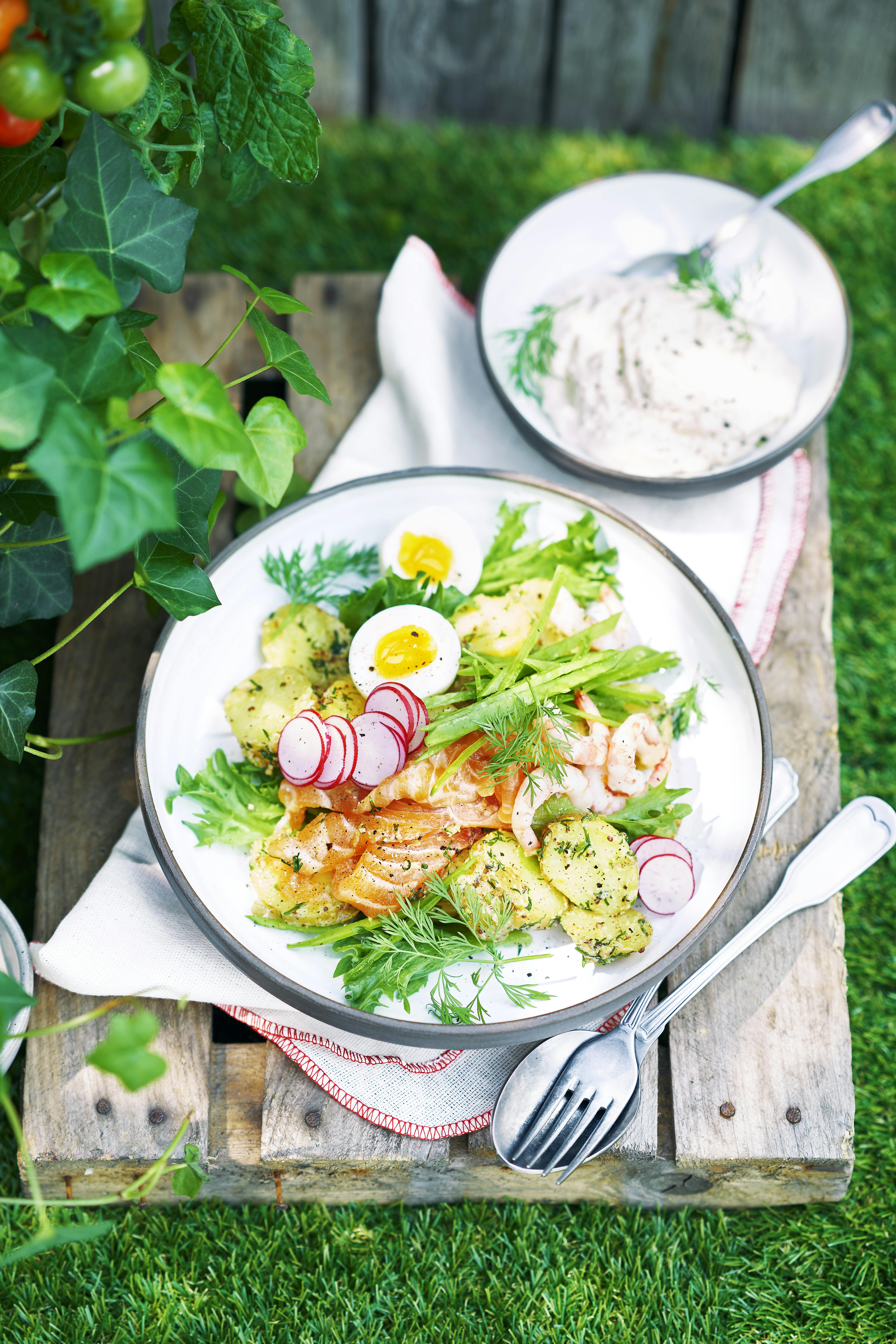 Salat med hurtiggravet laks, reker og sennepspoteter