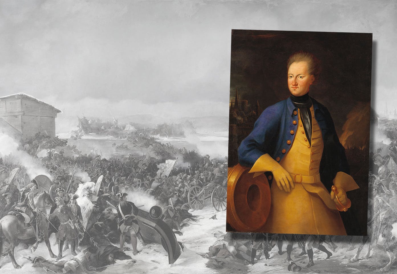 Porträtt på Karl XII med målning av slaget vid Narva 1700 i bakgrunden.