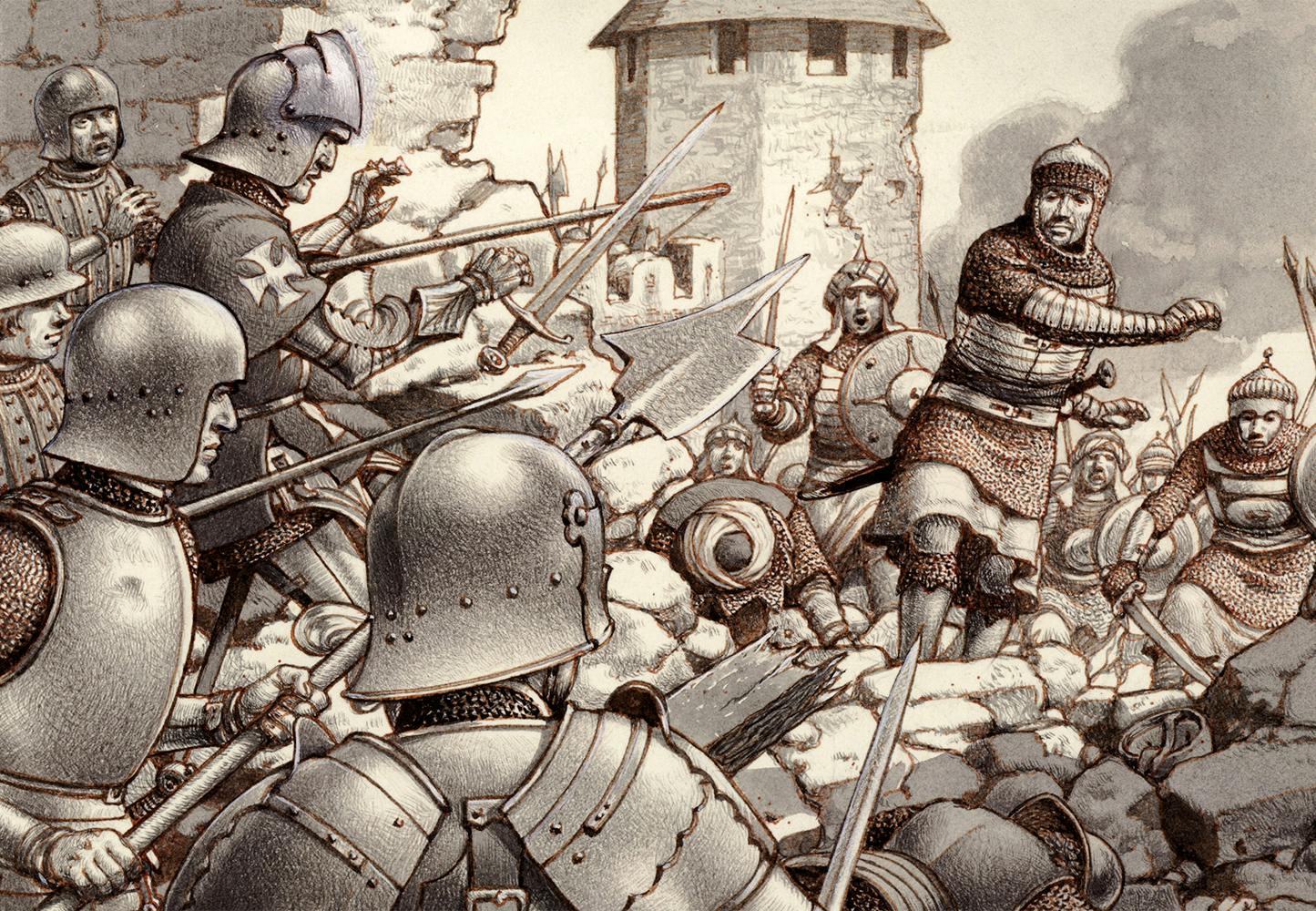 Belägringen av Rhodos 1522–23. Osmanska janitsjarer anfaller, johanniterorden försvarar.