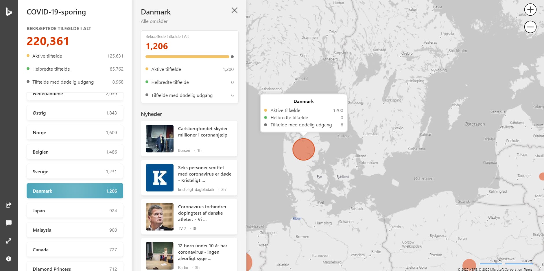COVID-19 Corona: Få statistik og nyheder fra et land ved at klikke på det.