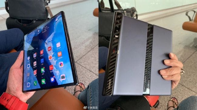 Huawei Mate X i udfoldet tilstand og med kik til det nye, fjerde kamera på bagsiden.