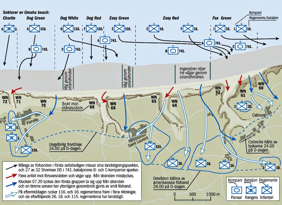 Slagkarta över Omaha Beach under D-dagen, invasion av Normandie under andra världskriget.