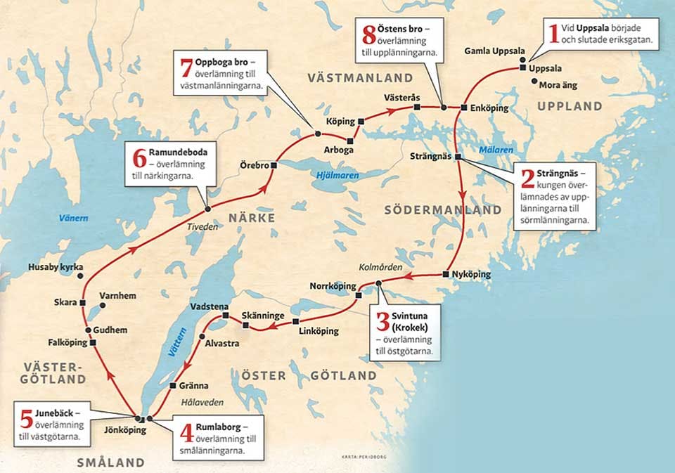 Karta över den gamla eriksgatan, med de olika "överlämningsplatserna" utsatta.