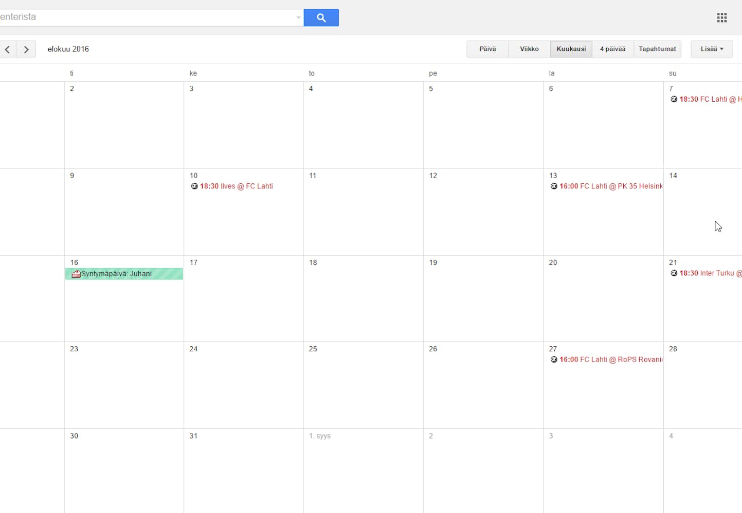 Katso Google-kalenterista, milloin suosikkijoukkueesi pelaa 