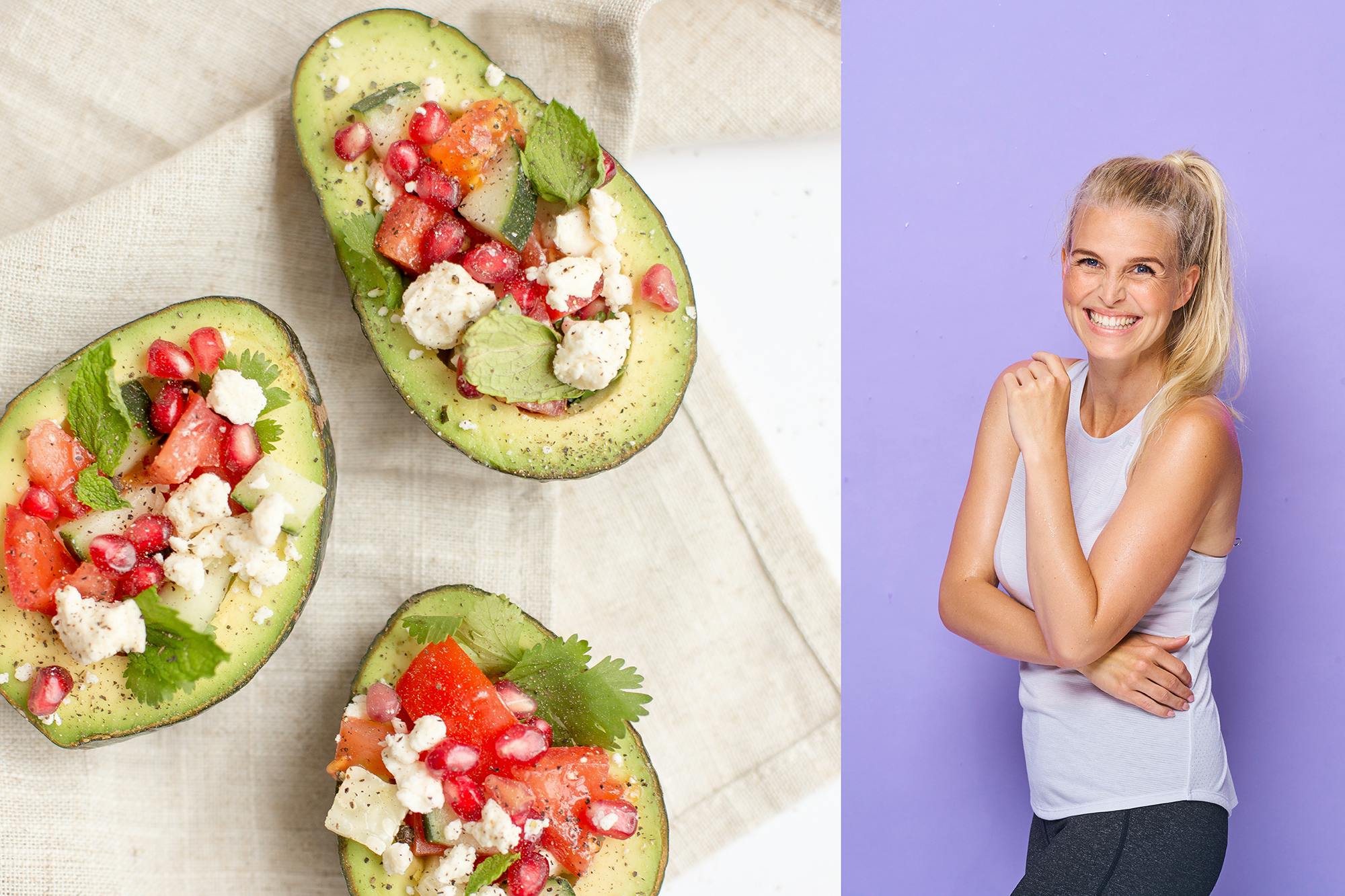 Antiinflammatorisk kostforløb Glad kvinde og antiinflammatorisk avocado