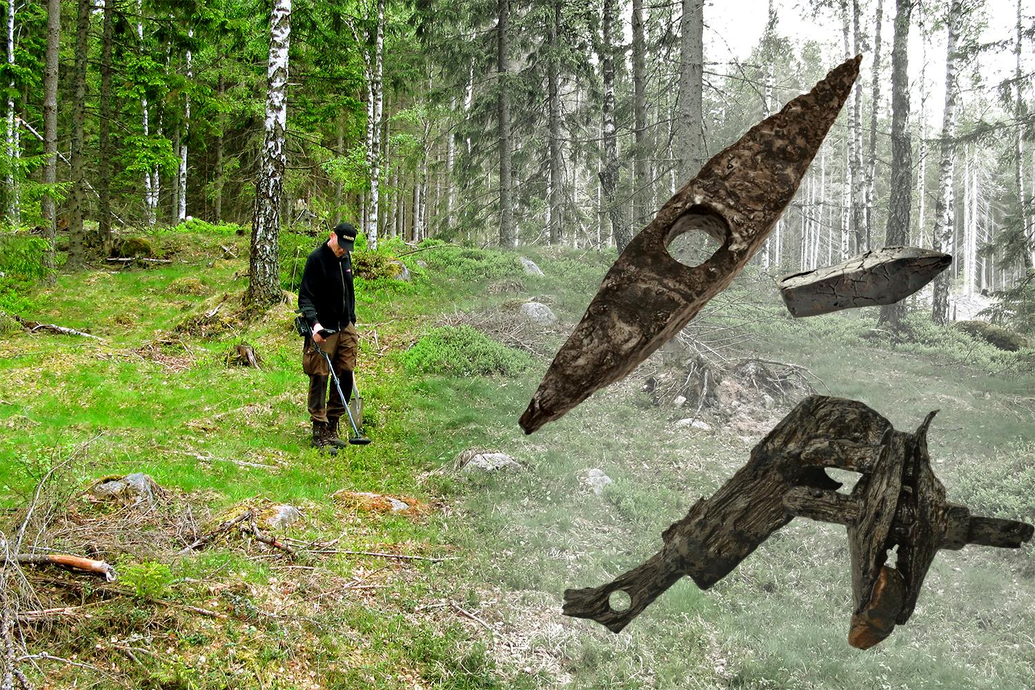 Slaget vid Getaryggen 1567. Arkeologisk undersökning pågår. Infällt i bilden fynd som gjorts på platsen.