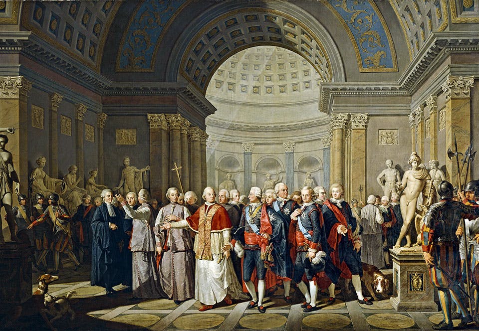 Gustav III visas runt i det vatikanska skulpturgalleriet av påve Pius VI.