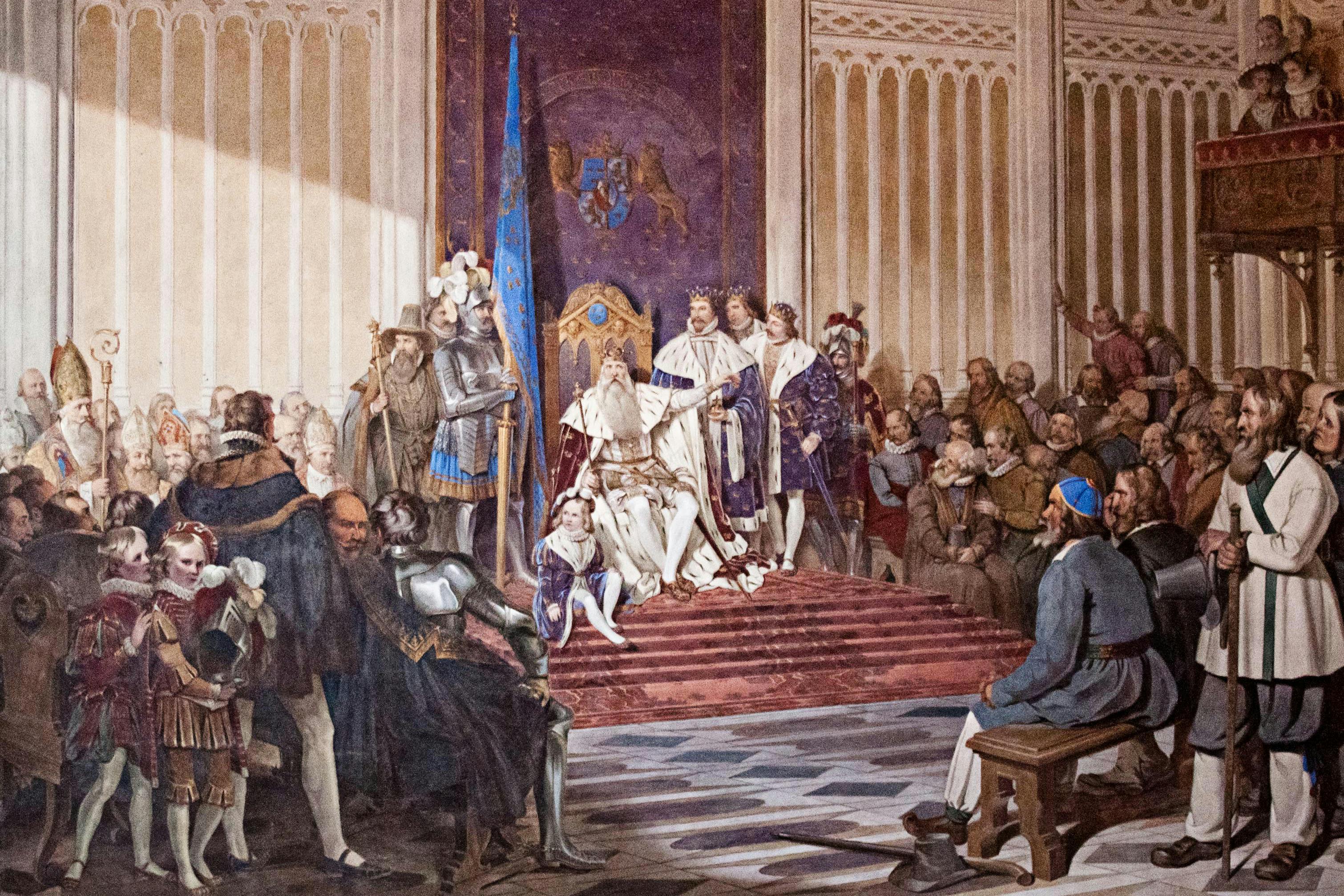 Gustav Vasa med sina söner på Johan Gustaf Sandbergs fresk »Gustav Vasas avskedstal till ständerna 1560» i Uppsala domkyrka.
