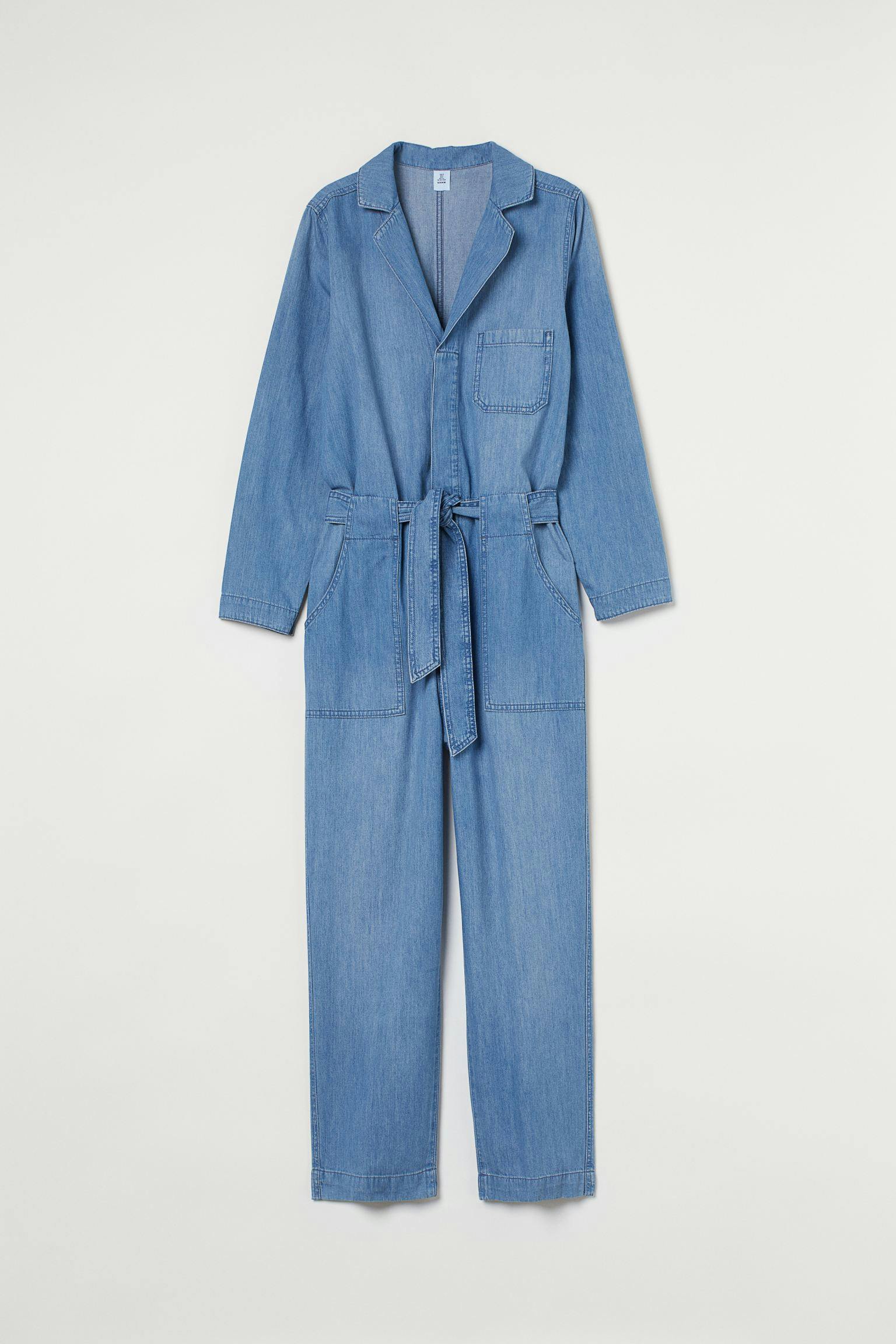 H&M kjeledress buksedress jeans denim lys blå knytebelte