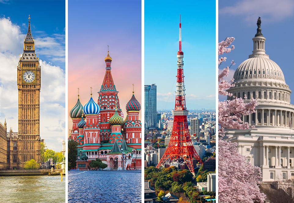 Hvor mange af de 19 spørgsmål kan du få rigtig? Verdens hovedstæder: London, Moskva, Tokyo og Washington D.C.