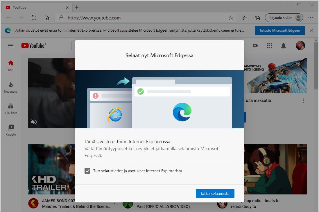 Hyvästi Explorer. Sivustot avautuvat Edgeen Internet Exploreri sijasta