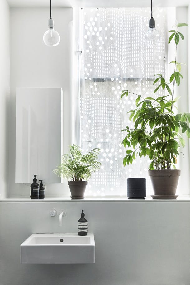 Mits je voldoende licht hebt in je badkamer, is ook dit een plek waar planten hun werk kunnen doen. Twee kleine planten in een witte badkamer