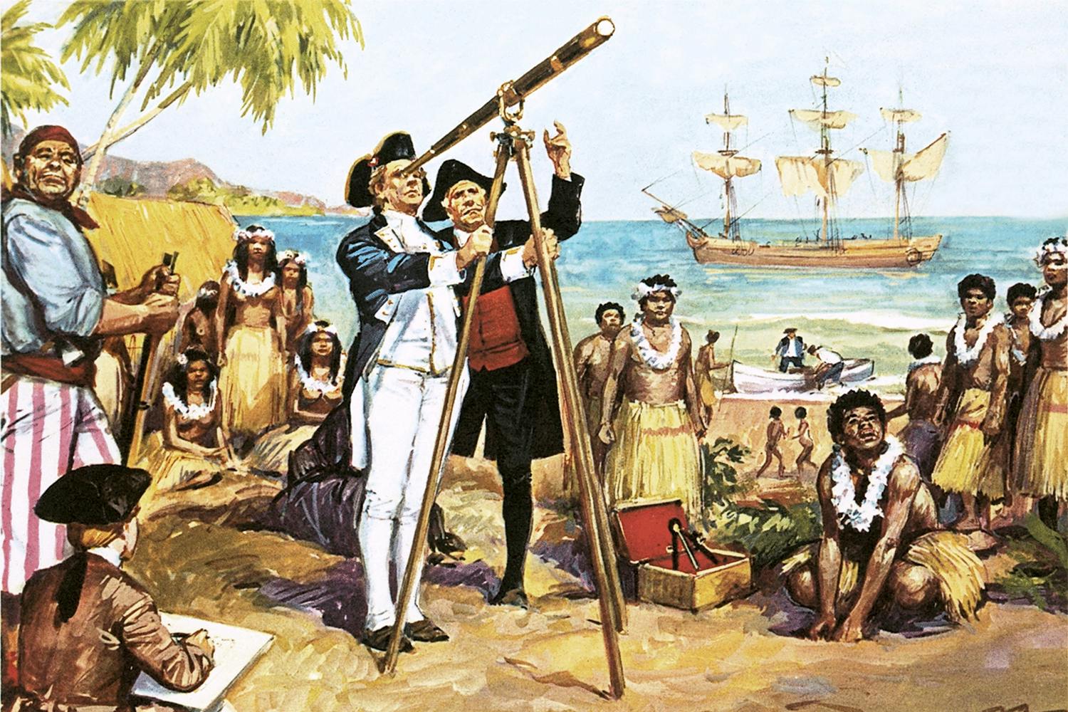 James Cook observerar Venuspassagen i teleskop på Tahiti 1769.