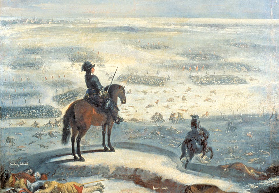 karl X Gustav blickar ut över den svenska armén, på väg över Lilla Bält 1658.