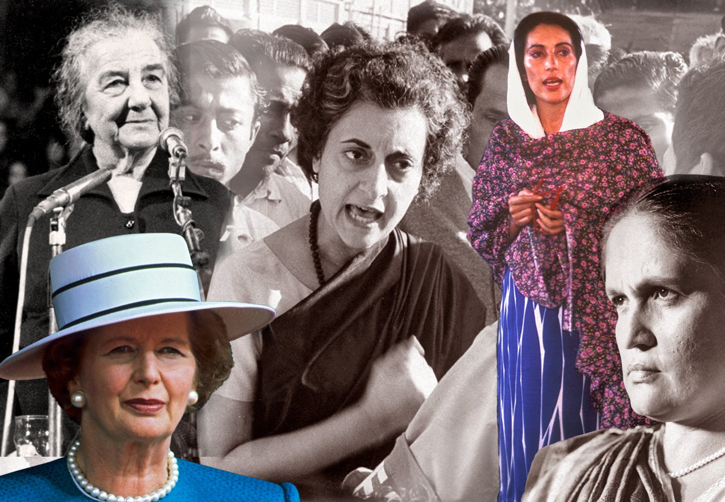 Collage med Golda Meir, Margaret Thatcher, Indira Gandhi, Benazir Bhutto och Sirimavo Bandaranaike, alla kvinnor som varit regeringschefer.