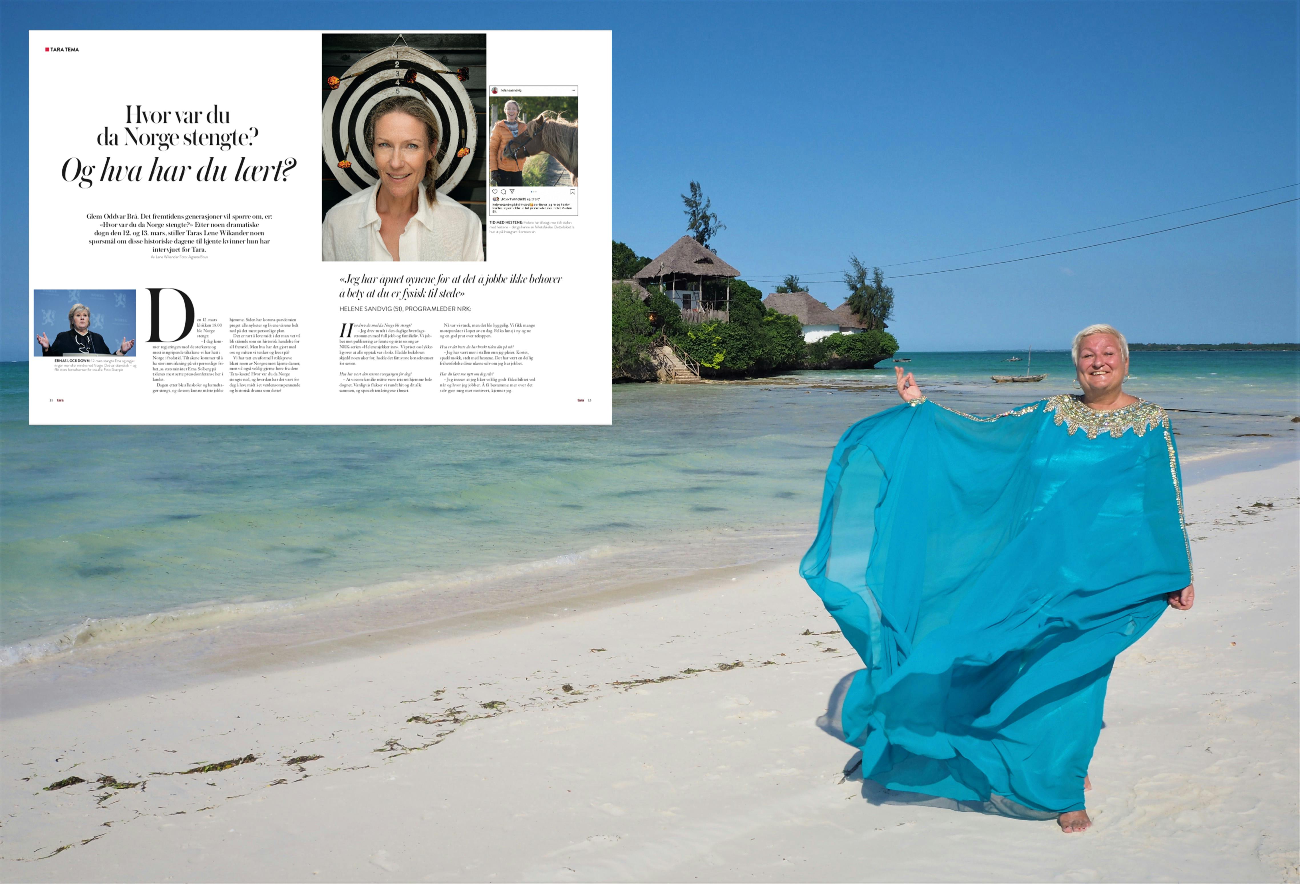 Lene Wikander i kaftan på stranden på Zanzibar