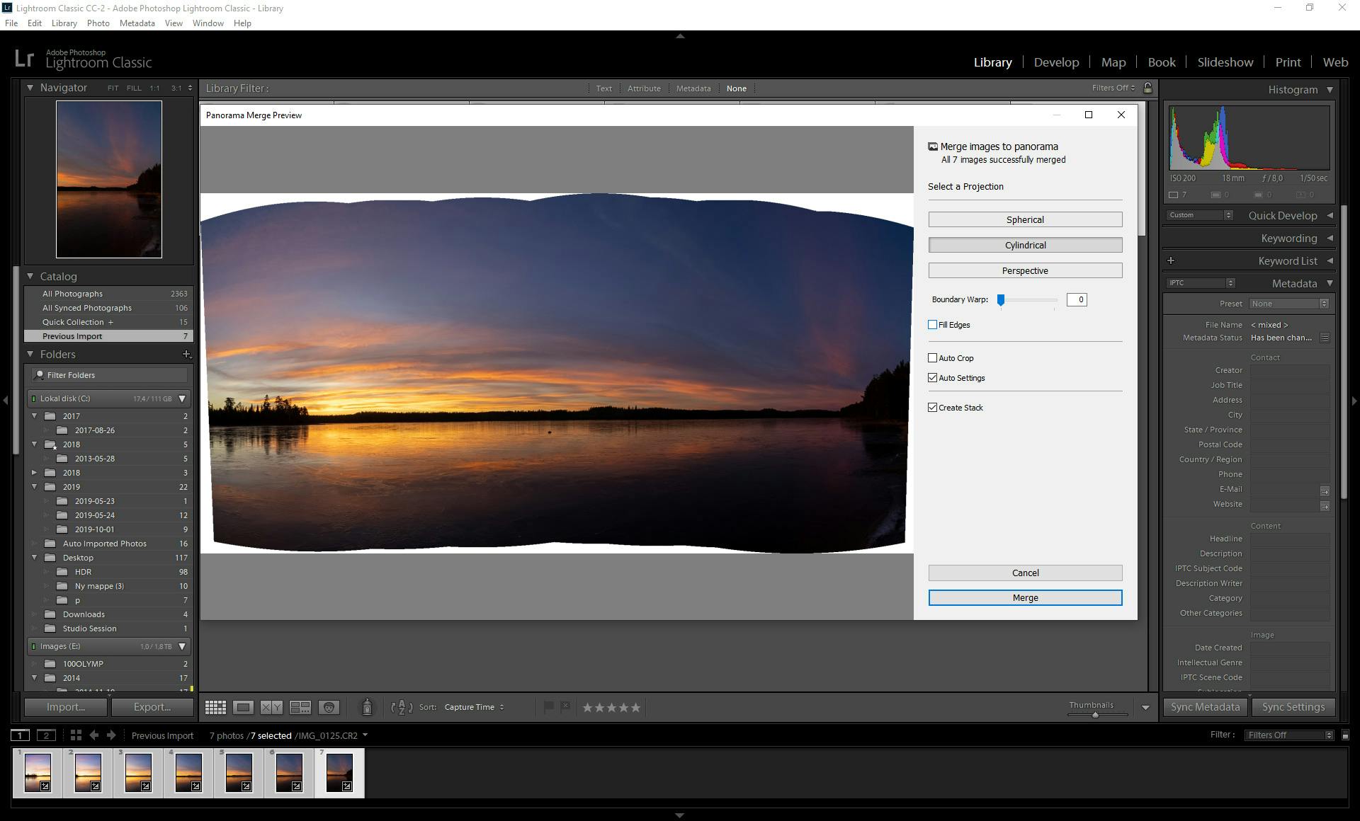 Panorama med hvide kanter i Lightroom