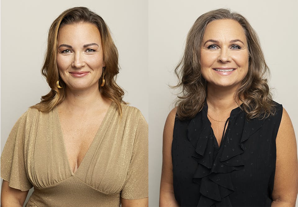 Malene Toft Eistrup og Susanne Bogan med fuld makeup. Modne kvinder med rynker og makeup