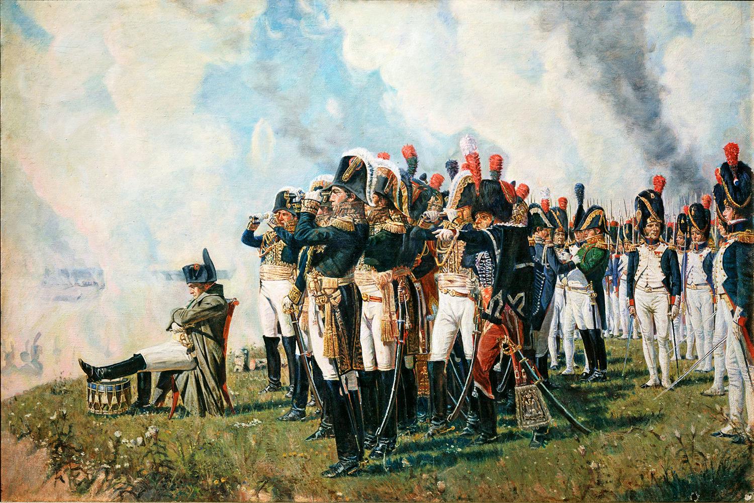 Slaget vid Borodino 1812. Napoleon blickar sittande ut över slagfältet.