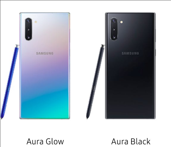 Samsung Galaxy Note10 i färgerna Aura Glow och Aura Black