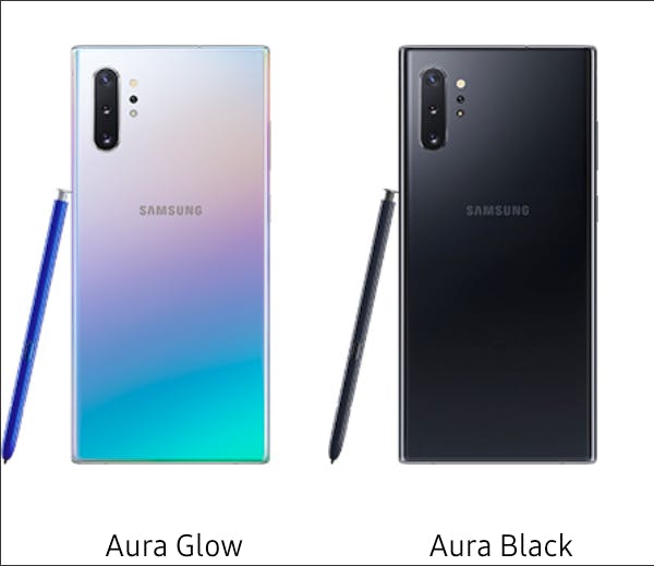 Samsung Galaxy Note10+ i färgerna Aura Glow och Aura Black