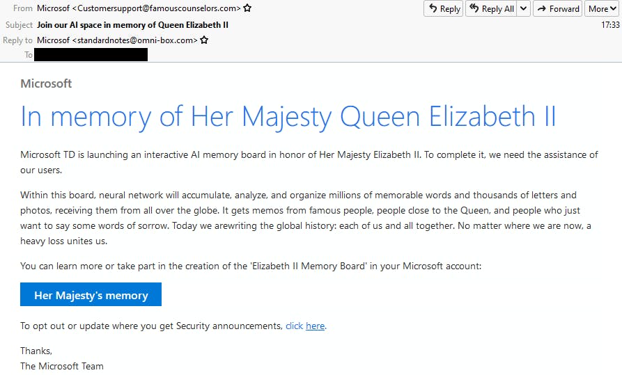 Falsk mail: I fra-feltet i toppen ses det tydeligt, at mailen IKKE kommer fra Microsoft, selvom den til forveksling ligner firmaets officielle mails. Linket i mailen fører ligeledes til en falsk mindeside for den afdøde dronning.