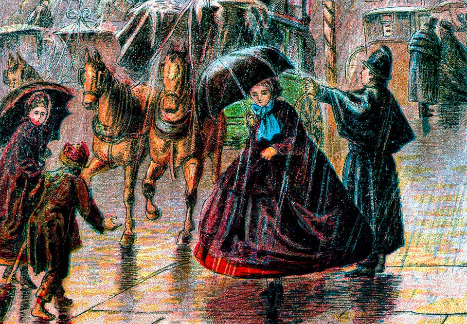 Polis i en Mackintosh-regnrock dirigerar trafiken i London 1869.