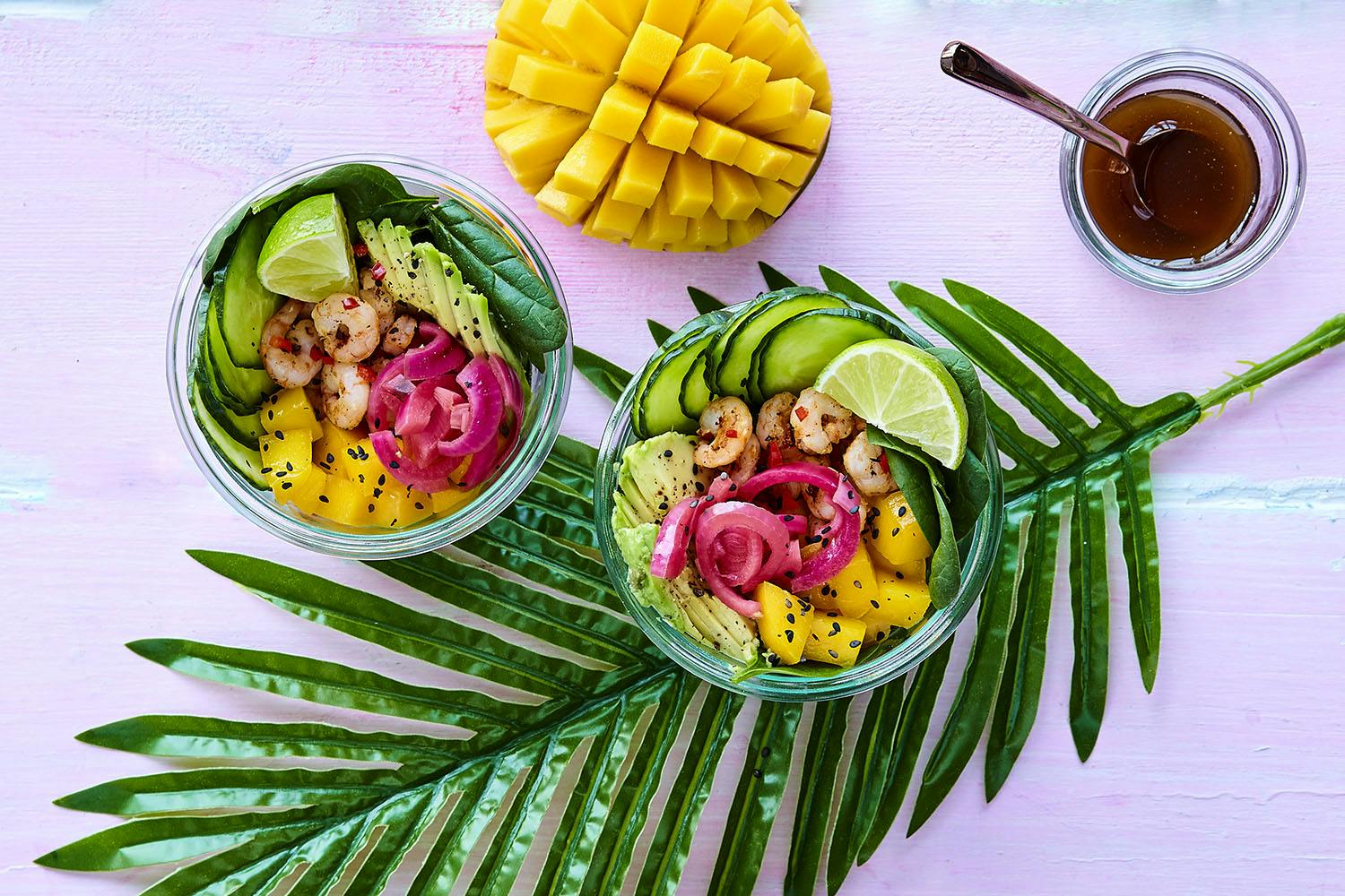Har du prøvet poke bowls? poke bowl med rejer og mango