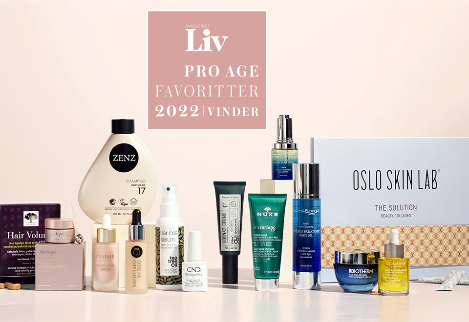 Alle Pro Age-vinderprodukterne på rad og række. Magasinet Livs Pro Age Favoritter 2022 Vindere