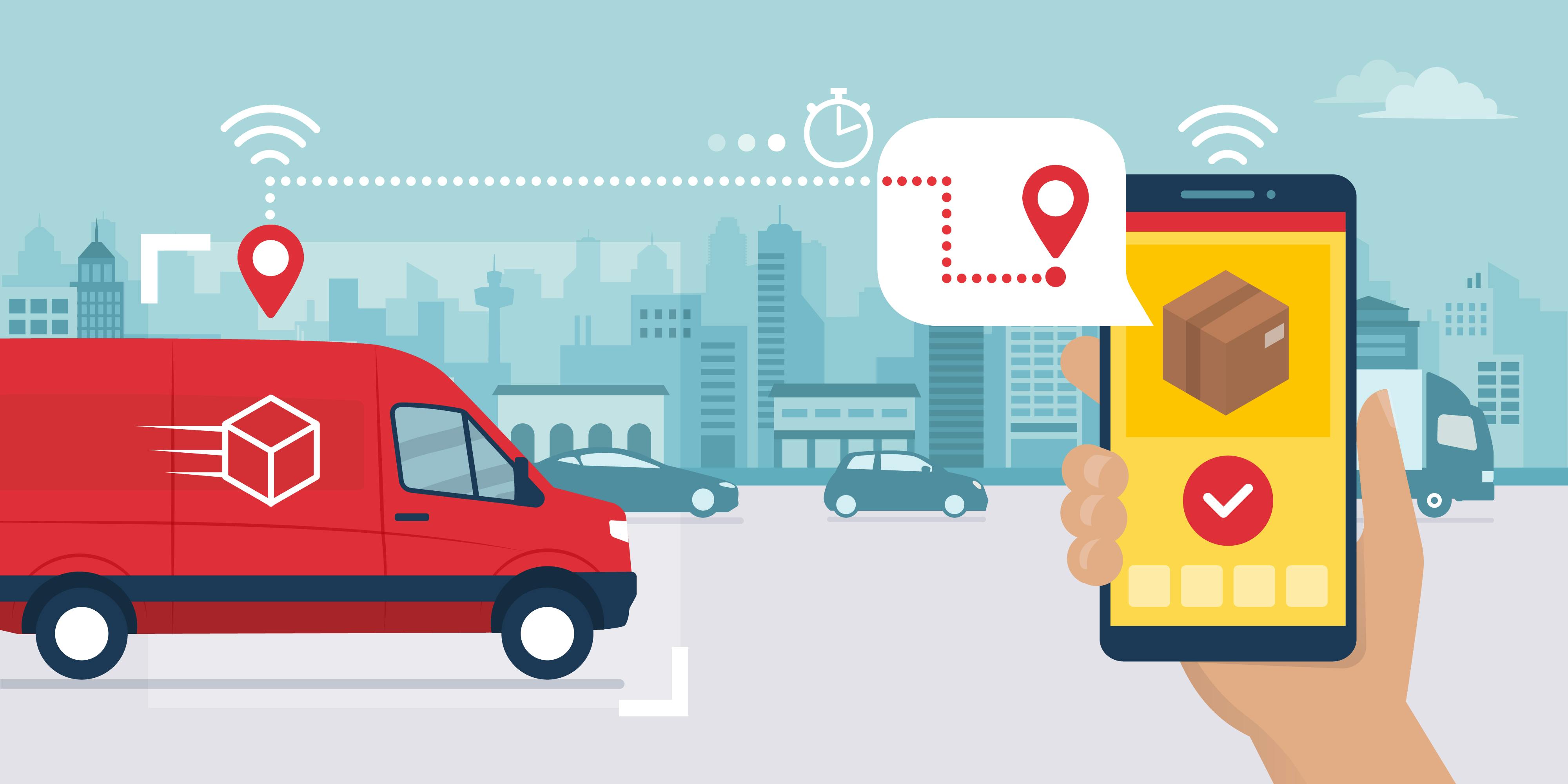 Grafik af en pakketransport og en mobiltelefon, der viser hvor langt pakke er nået.