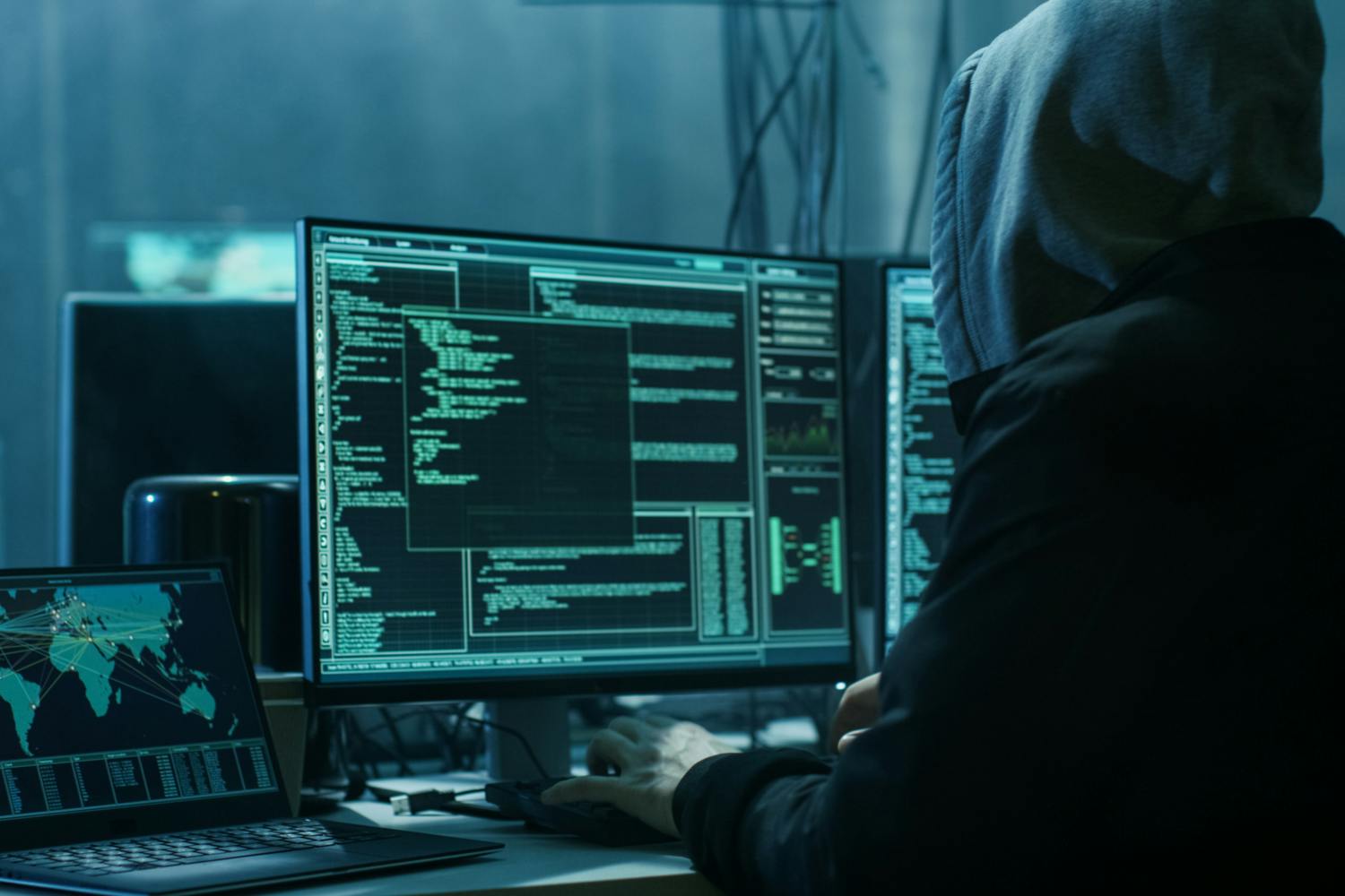 En hacker, der arbejder ved en stor skærm i et mørkt lokale.