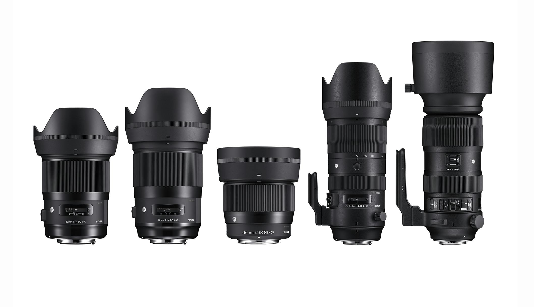 Tuotekuvassa Sigma 28 mm, Sigma 40 mm, Sigma 56 mm, Sigma 70-200 mm ja Sigma 60-600 mm