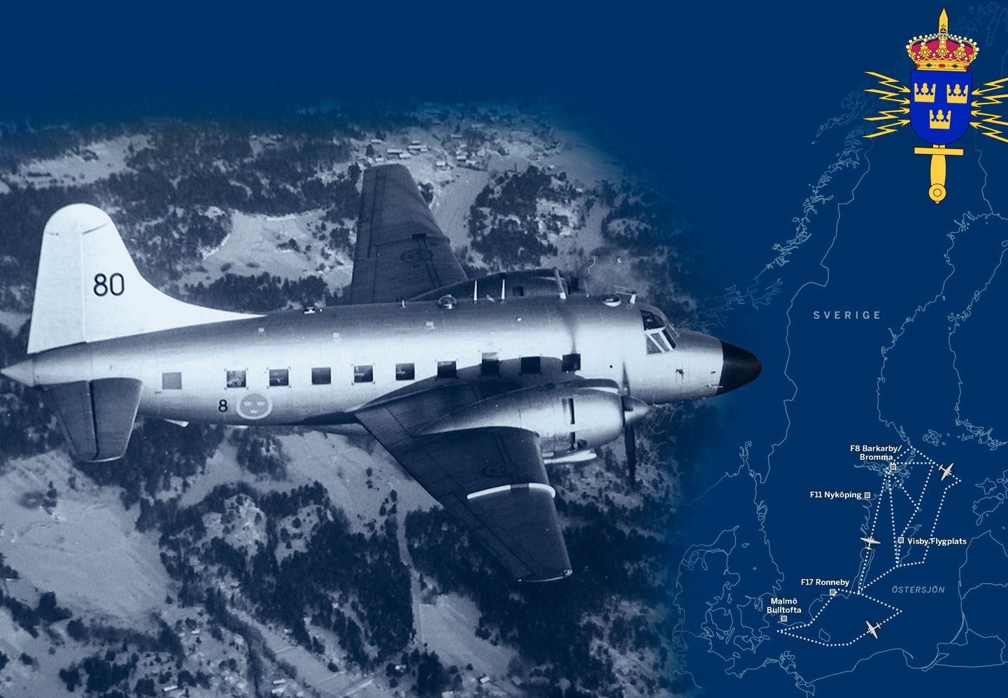 Flygande DC-3 samt Sverigekarta.