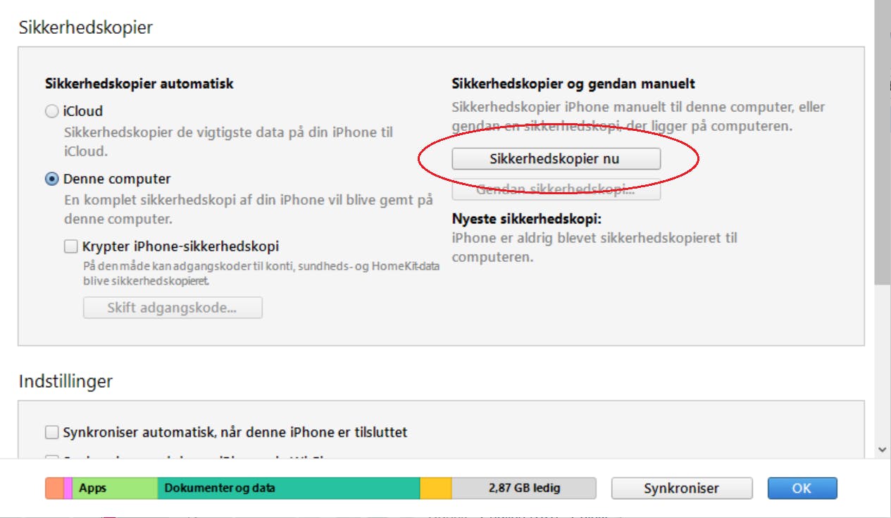 Sikkerhedskopiér i iTunes