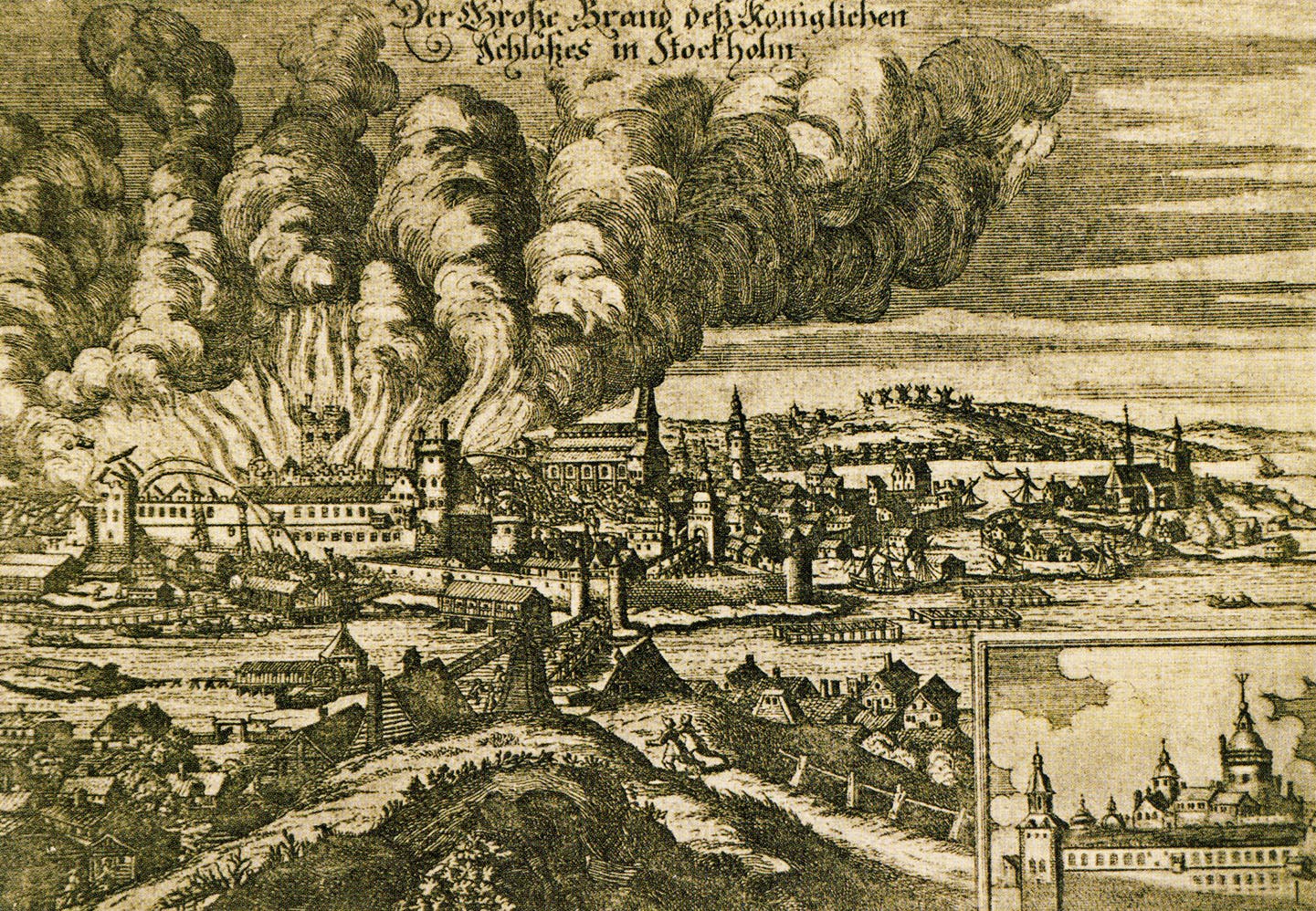 Översiktsbild över slottsbranden på slottet Tre kronor 1697.