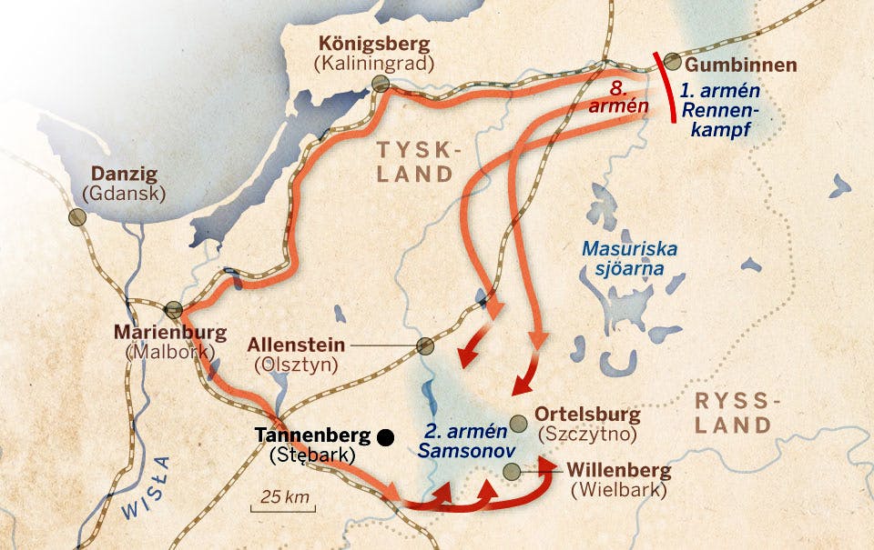 Slagkarta över slaget vid Tannenberg 1914.