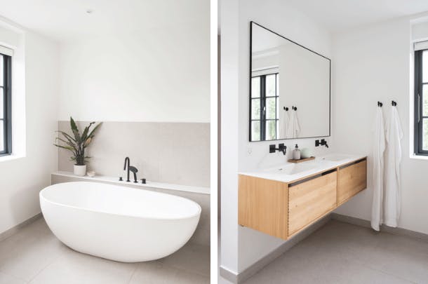 De badkamer is elegant met een luxe hotelgevoel. De tegels zijn van Flisebent in Kone Silver. Scandinavische badkamer met losstaand bad