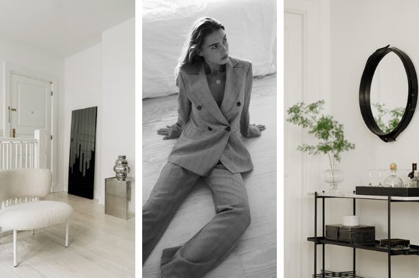 De entree van het appartement is op de 2e etage en er hang o.a. een spiegel van haar moeder. In het midden Sophia zelf. collage van Sophia Roe haar appartement
