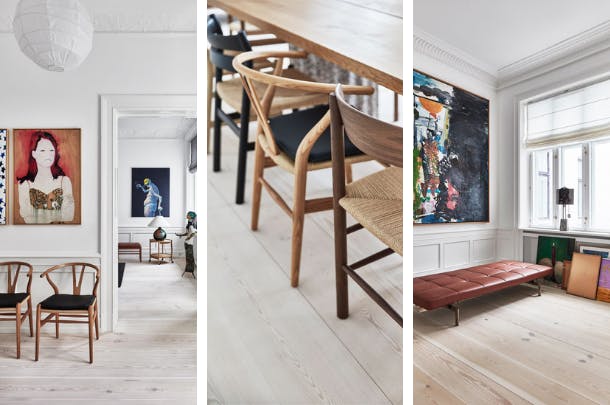 Het huis staat vol met klassiekers. Het zij de verschillende houten stoelen, het zij de de chaise longue van Poul Kjærholms. collage van deens design in licht scandinavisch huis