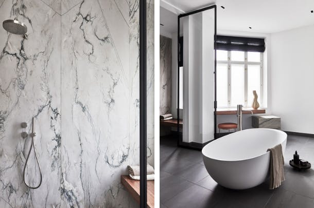 Bijna drie meter hoog en helemaal bekleed met Calacatta-kwartsiet en de het mooie bad van Boffi, dit is een badkamer van het chiqueste soort. Badkamer met marmeren douche en vrijstaand bad